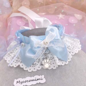 Blue White Lace Kitten Play Collar, Little Paw Pearl Heart Bow Necklace, Pastel Kittenplay Choker, Kawaii Pet Play Gear Gift for Her