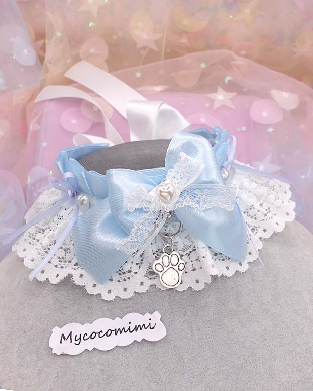 Blue White Lace Kitten Play Collar, Little Paw Pearl Heart Bow Necklace, Pastel Kittenplay Choker, Kawaii Pet Play Gear Gift for Her