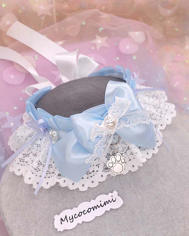 Blue White Lace Kitten Play Collar, Little Paw Pearl Heart Bow Necklace, Pastel Kittenplay Choker, Kawaii Pet Play Gear Gift for Her - Image 3