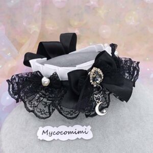 Luxury Black White Kitten Play Collar, Gem Lace Bow Crescent Moon Necklace, Gothic Princess Kittenplay Choker , Elegant Pet Play Gear Gift