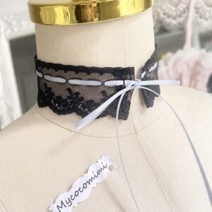 Black Lace Choker Blue Ribbon, Pastel Goth Bow Necklace, Romantic Rococo Collar, Victorian Gothic Jewelry Gift for Her