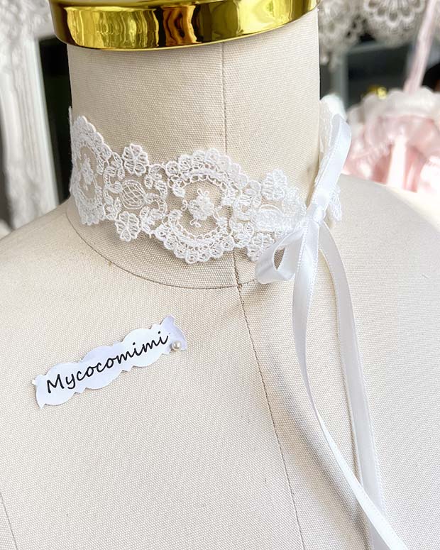 White Lace Choker Necklace, Coquette Princess Collar, Rococo Fairycore Ribbon Tie Jewelry, Everyday Romantic Choker Gift for Her - Image 2