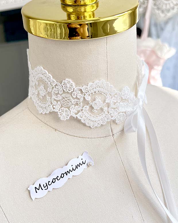 White Lace Choker Necklace, Coquette Princess Collar, Rococo Fairycore Ribbon Tie Jewelry, Everyday Romantic Choker Gift for Her