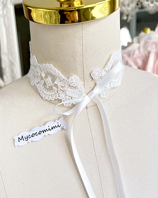 White Lace Choker Necklace, Coquette Princess Collar, Rococo Fairycore Ribbon Tie Jewelry, Everyday Romantic Choker Gift for Her - Image 3
