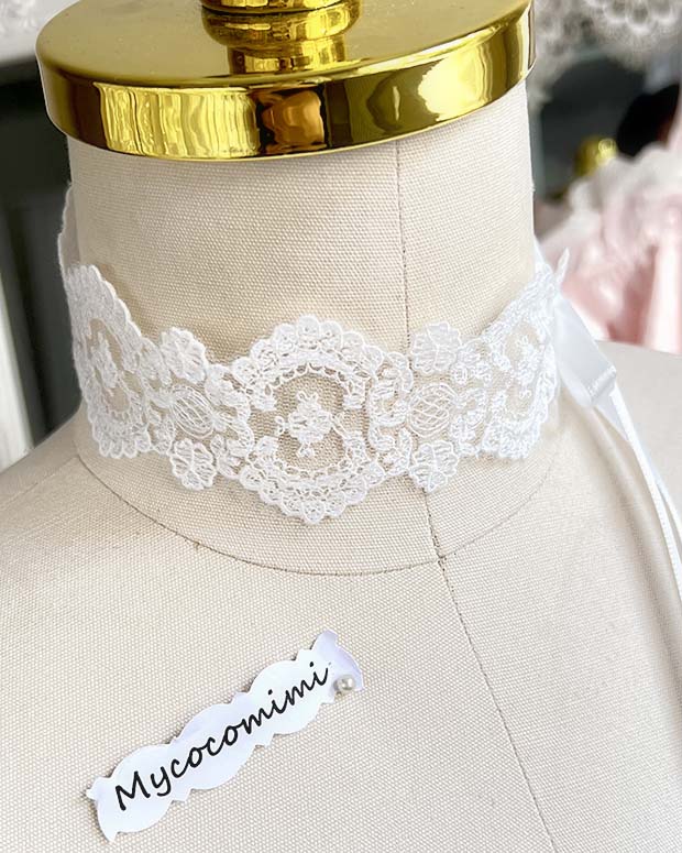 White Lace Choker Necklace, Coquette Princess Collar, Rococo Fairycore Ribbon Tie Jewelry, Everyday Romantic Choker Gift for Her - Image 4