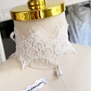 White Fringe Lace Pearl Pendant Choker, Angelic Bridal Collar Necklace, Rococo Ribbon Tie Jewelry, FairyCore Romantic Choker Gift for Her