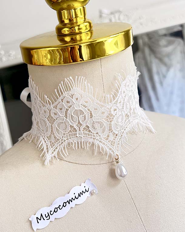 White Fringe Lace Pearl Pendant Choker, Angelic Bridal Collar Necklace, Rococo Ribbon Tie Jewelry, FairyCore Romantic Choker Gift for Her