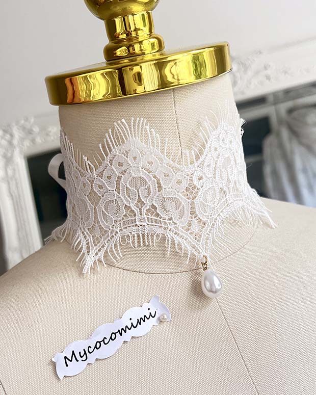 White Fringe Lace Pearl Pendant Choker, Angelic Bridal Collar Necklace, Rococo Ribbon Tie Jewelry, FairyCore Romantic Choker Gift for Her - Image 4