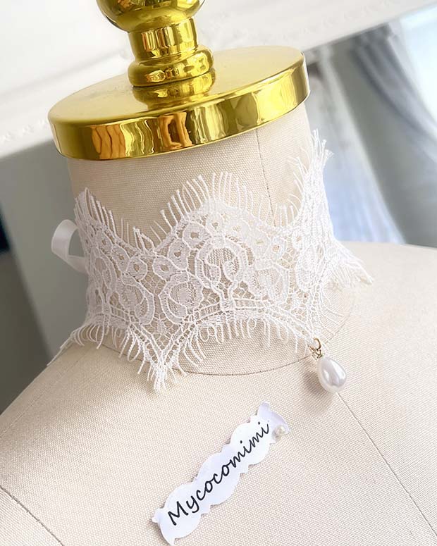 White Fringe Lace Pearl Pendant Choker, Angelic Bridal Collar Necklace, Rococo Ribbon Tie Jewelry, FairyCore Romantic Choker Gift for Her - Image 2