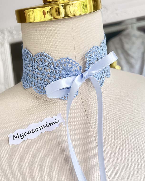 Coquette Blue Lace Choker Bow, French Blue Victorian Collar Necklace, Rococo Fairycore Ribbon Tie Jewelry, Pastel Gift for Her - Image 4