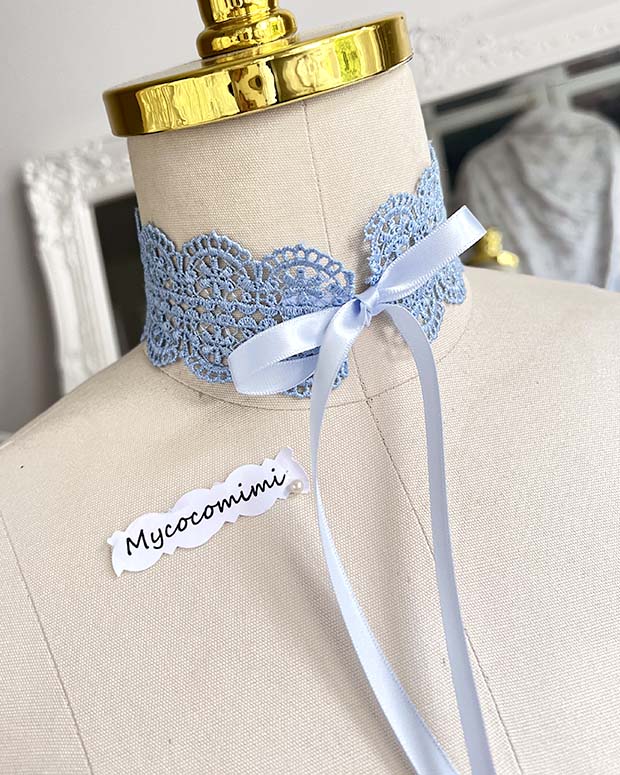 Coquette Blue Lace Choker Bow, French Blue Victorian Collar Necklace, Rococo Fairycore Ribbon Tie Jewelry, Pastel Gift for Her - Image 5