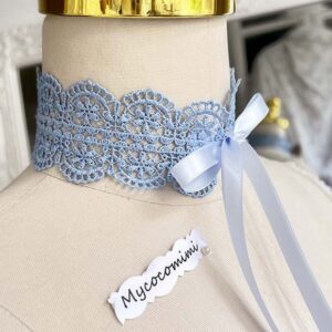 Coquette Blue Lace Choker Bow, French Blue Victorian Collar Necklace, Rococo Fairycore Ribbon Tie Jewelry, Pastel Gift for Her