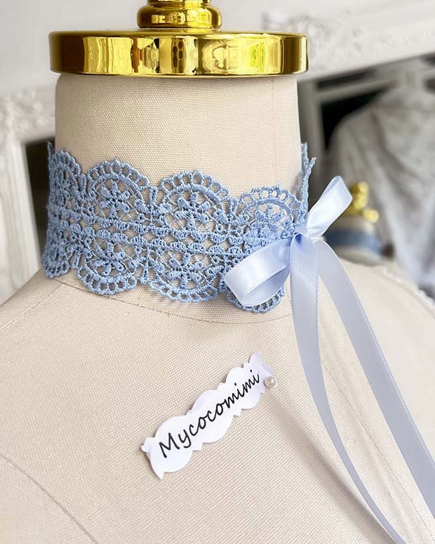 Coquette Blue Lace Choker Bow, French Blue Victorian Collar Necklace, Rococo Fairycore Ribbon Tie Jewelry, Pastel Gift for Her