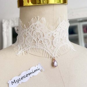 White Fringe Lace Choker Purple Gem, Victorian Collar Necklace, Rococo Ribbon Tie Bridal Jewelry, Romantic Pendant Gift for Her