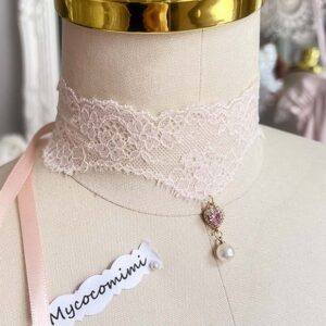Blush Pink Lace Choker Heart Gem, Angelic Bridal Pearl Pendant Collar Necklace, Victorian Rococo Ribbon Tie Jewelry, Romantic Gift for Her