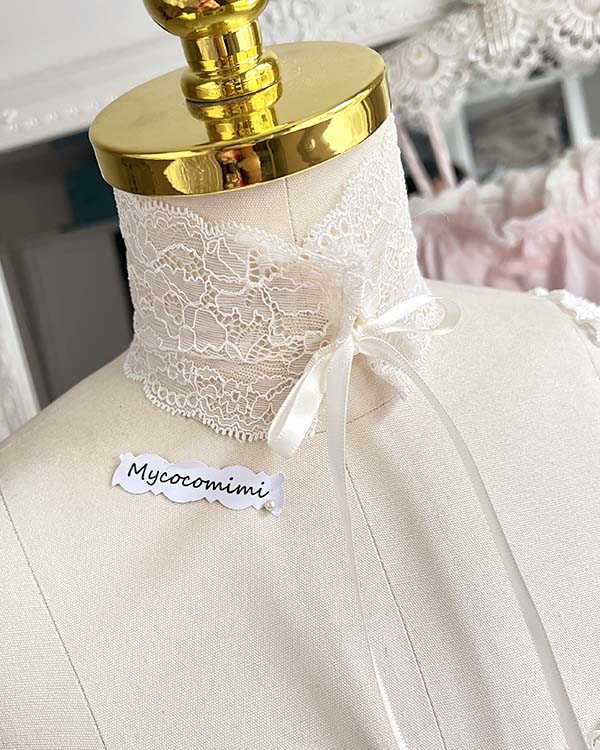 Light Beige Lace Choker Navy Blue Gem, Victorian Collar Necklace, Rococo Ribbon Tie Bridal Jewelry, Romantic Princess Core Gift for Her - Image 2