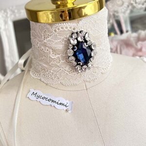 Light Beige Lace Choker Navy Blue Gem, Victorian Collar Necklace, Rococo Ribbon Tie Bridal Jewelry, Romantic Princess Core Gift for Her