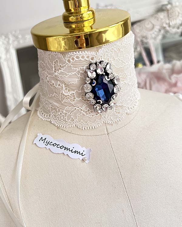 Light Beige Lace Choker Navy Blue Gem, Victorian Collar Necklace, Rococo Ribbon Tie Bridal Jewelry, Romantic Princess Core Gift for Her