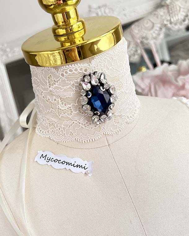 Light Beige Lace Choker Navy Blue Gem, Victorian Collar Necklace, Rococo Ribbon Tie Bridal Jewelry, Romantic Princess Core Gift for Her - Image 5