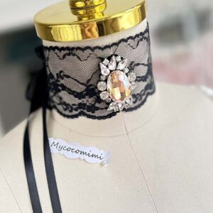 Black Wide Lace Choker Yellow Gem, Victorian Collar Necklace, Gothic Ribbon Tie Jewelry, Romantic Goth Core Gift for Her