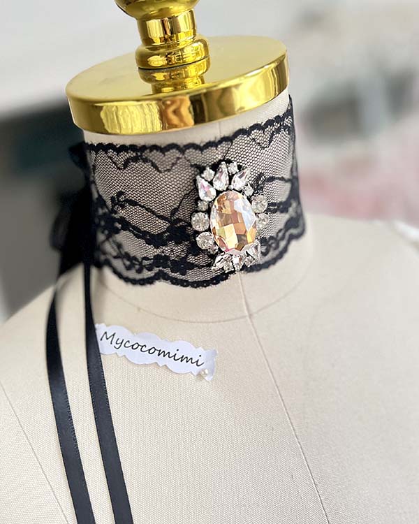 Black Wide Lace Choker Yellow Gem, Victorian Collar Necklace, Gothic Ribbon Tie Jewelry, Romantic Goth Core Gift for Her