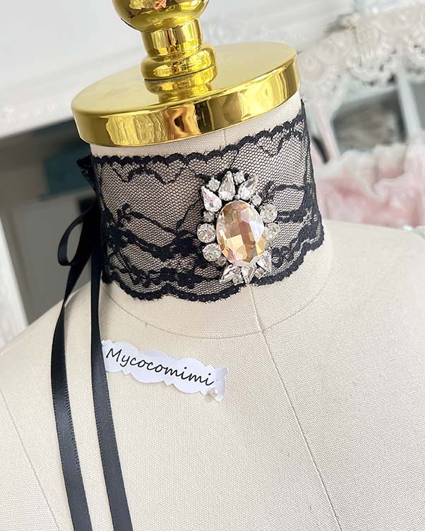 Black Wide Lace Choker Yellow Gem, Victorian Collar Necklace, Gothic Ribbon Tie Jewelry, Romantic Goth Core Gift for Her - Image 2