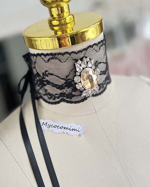 Black Wide Lace Choker Yellow Gem, Victorian Collar Necklace, Gothic Ribbon Tie Jewelry, Romantic Goth Core Gift for Her - Image 3