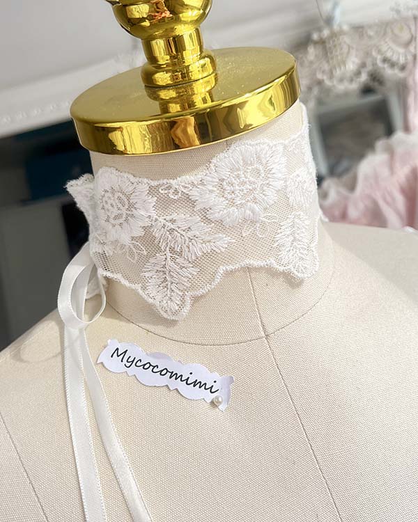 White Flower Lace Choker, Angelic Bridal Collar Necklace, Victorian Rococo Ribbon Tie Jewelry, Minimalist Romantic Choker Gift for Her - Image 3