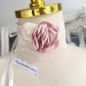 Pink Flower White Lace Choker Necklace with Ribbon Tie Closure, Fairy Princess Core Jewelry, Victorian Rococo Ribbon Collar