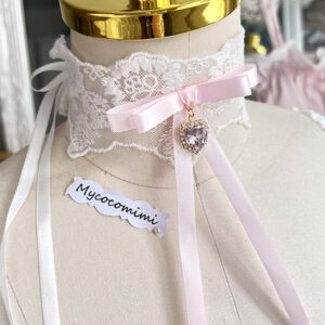White Lace Choker Pink Bow Rhinestone Heart, Coquette Necklace, Victorian Rococo Ribbon Tie Jewelry, Romantic Kawaii Gift for Her