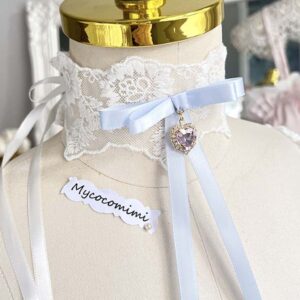 Coquette Light Blue Ribbon Long Bow Choker, White Lace Necklace, Rhinestone Heart Collar, Romantic Princess core Cute handmade jewelry