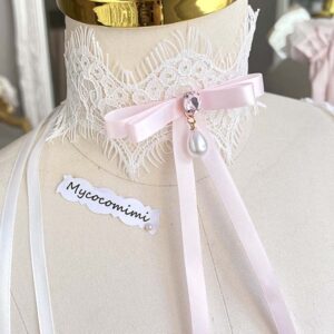 White Fringe Lace Pink Long Bow Choker, Coquette Gem Pearl Bow Collar Necklace, Rococo Ribbon Tie Jewelry, Romantic Gift for Her