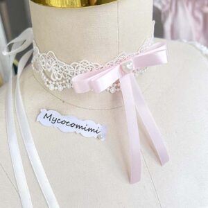 Romantic White Lace Pearl Pink Bow Choker | Coquette Victorian Collar Necklace | Rococo Fairycore Ribbon Tie Bow | Pastel Gift for Her