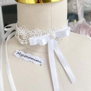Romantic White Lace Pearl Bow Choker | Coquette Victorian Collar Necklace | Rococo Fairycore Ribbon Tie Bow | Bridal Gift for Her