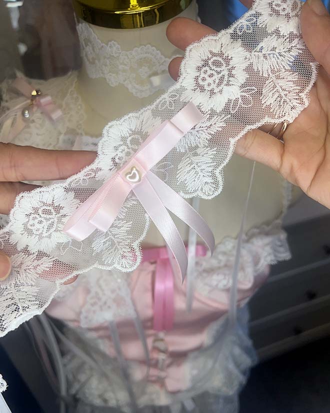 Coquette Pink Ribbon Pearl Bow Choker, White Lace Necklace, Lace Collar, Romantic Princess core Cute handmade jewelry - Image 2