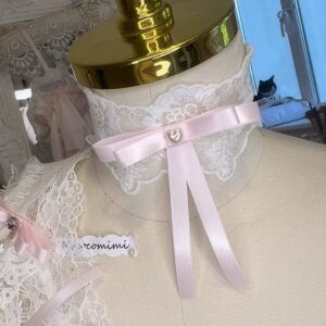 Coquette Pink Ribbon Pearl Bow Choker, White Lace Necklace, Lace Collar, Romantic Princess core Cute handmade jewelry