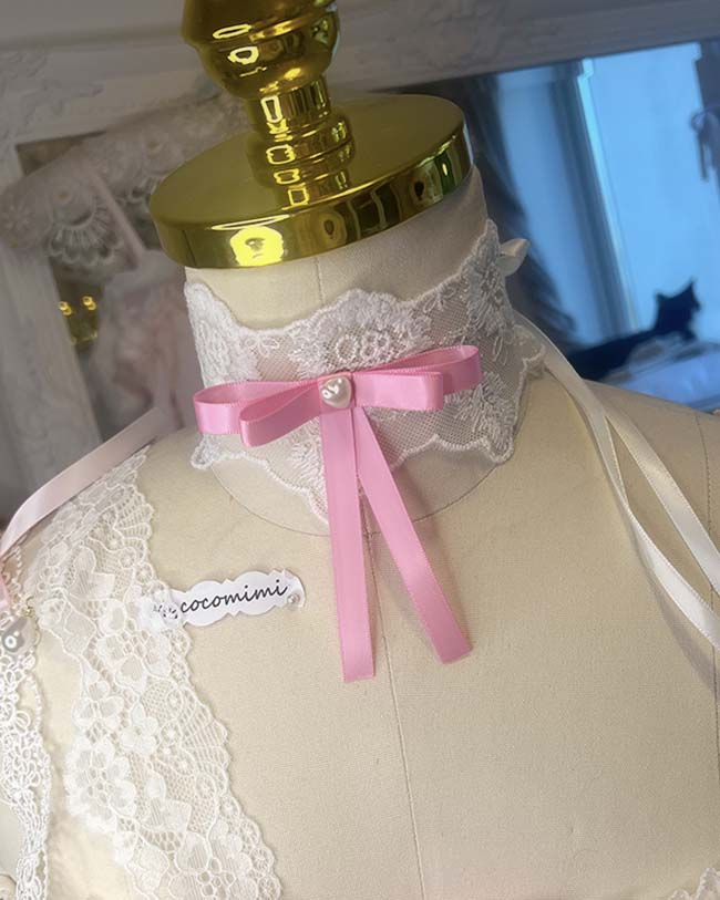 Coquette Hot Pink Ribbon Pearl Bow Choker, White Lace Necklace, Lace Collar, Romantic Princess core Cute handmade jewelry - Image 2