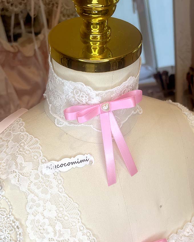 Coquette Hot Pink Ribbon Pearl Bow Choker, White Lace Necklace, Lace Collar, Romantic Princess core Cute handmade jewelry - Image 6